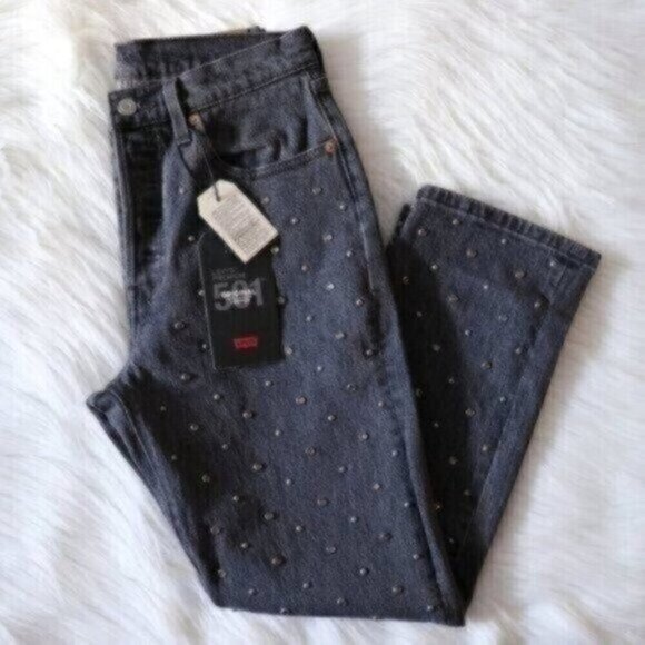 NWT Levis 501 Jeans Size 27 High Rise Crystal Studded Straight Leg Cropped - Picture 3 of 9